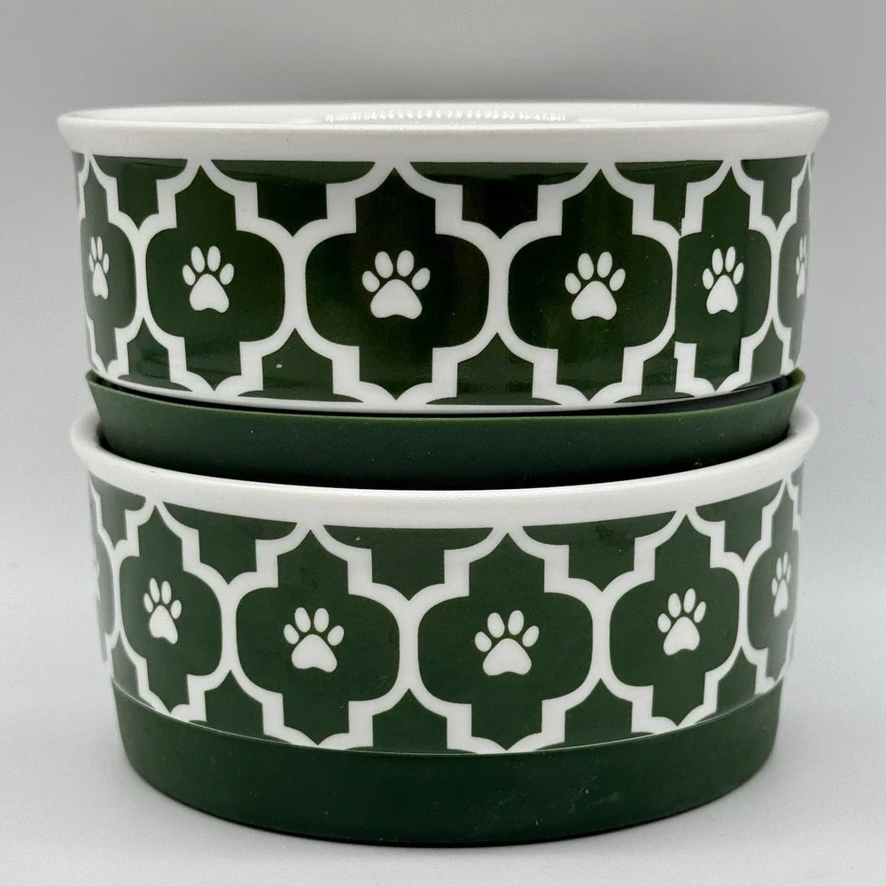 Bone Dry Paw Lattice Print Non-Skid Ceramic Set of 2 Dog Or Cat Bowls 4.25